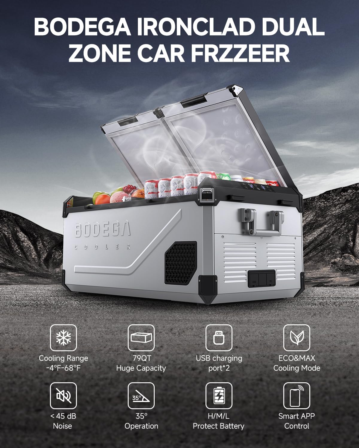 BODEGACOOLER 79QT Dual Zone Portable Car Freezer Refrigerator with APP Control