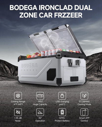 BODEGACOOLER 79QT Dual Zone Portable Car Freezer Refrigerator with APP Control