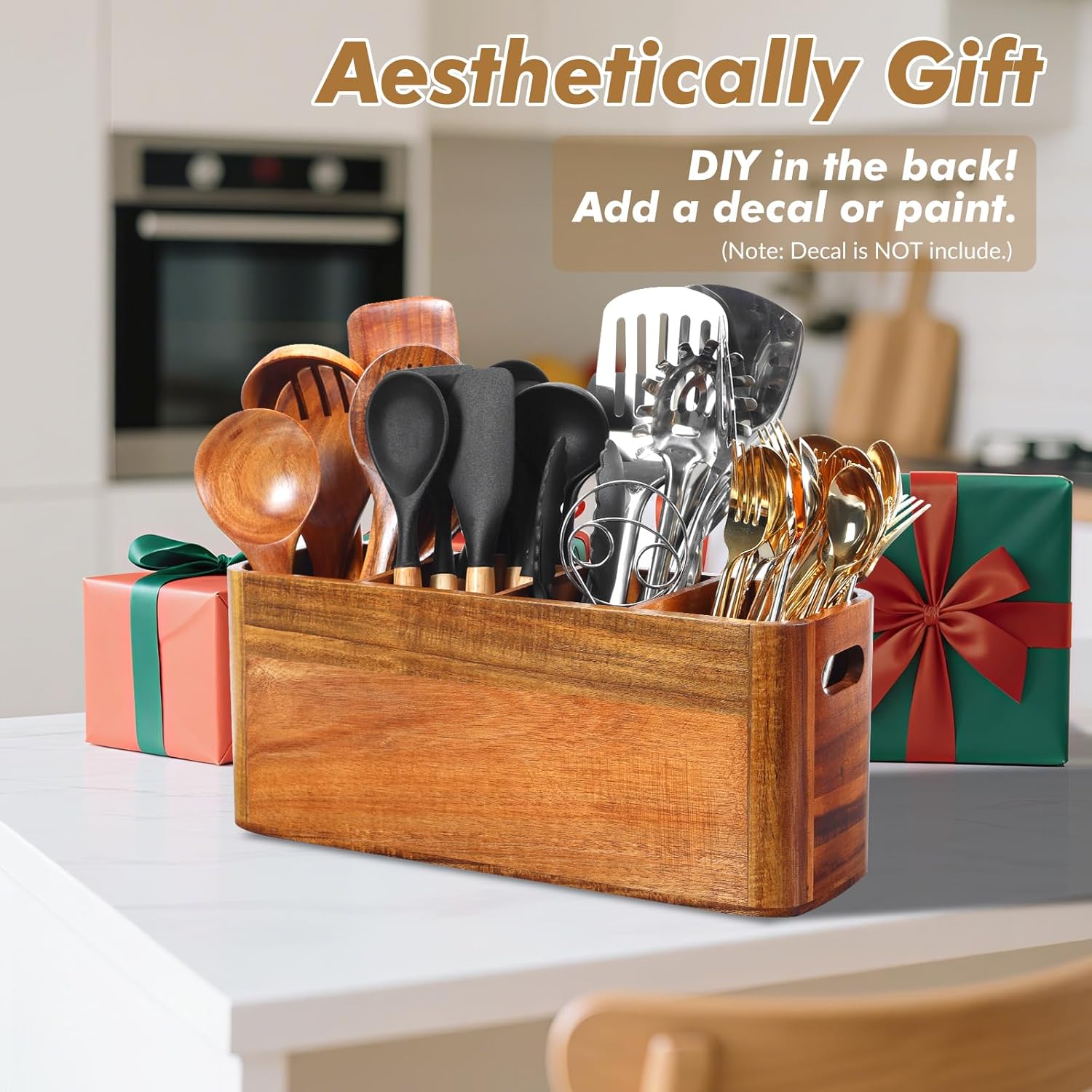 Premium Acacia Wood Utensil Holder Countertop Organizer with 4 Adjustable Compartments