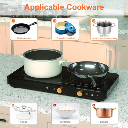 Portable Dual Induction Cooktop with Griddle Pan, Digital Timer Control
