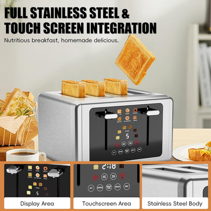 Whall 4-Slice Smart Touchscreen Toaster, Stainless Steel Digital Timer, Dual Control