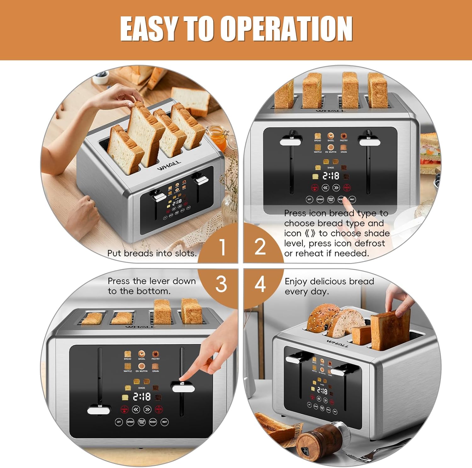 Whall 4-Slice Smart Touchscreen Toaster, Stainless Steel Digital Timer, Dual Control