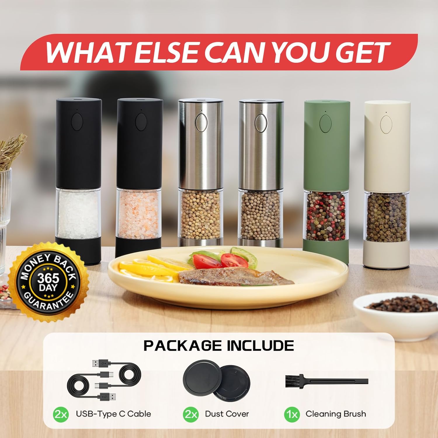 OPIIV USB Rechargeable Electric Salt Pepper Grinder Set with LED