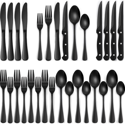 Elegant 24-Piece Black Stainless Steel Flatware Set with Steak Knives for 4