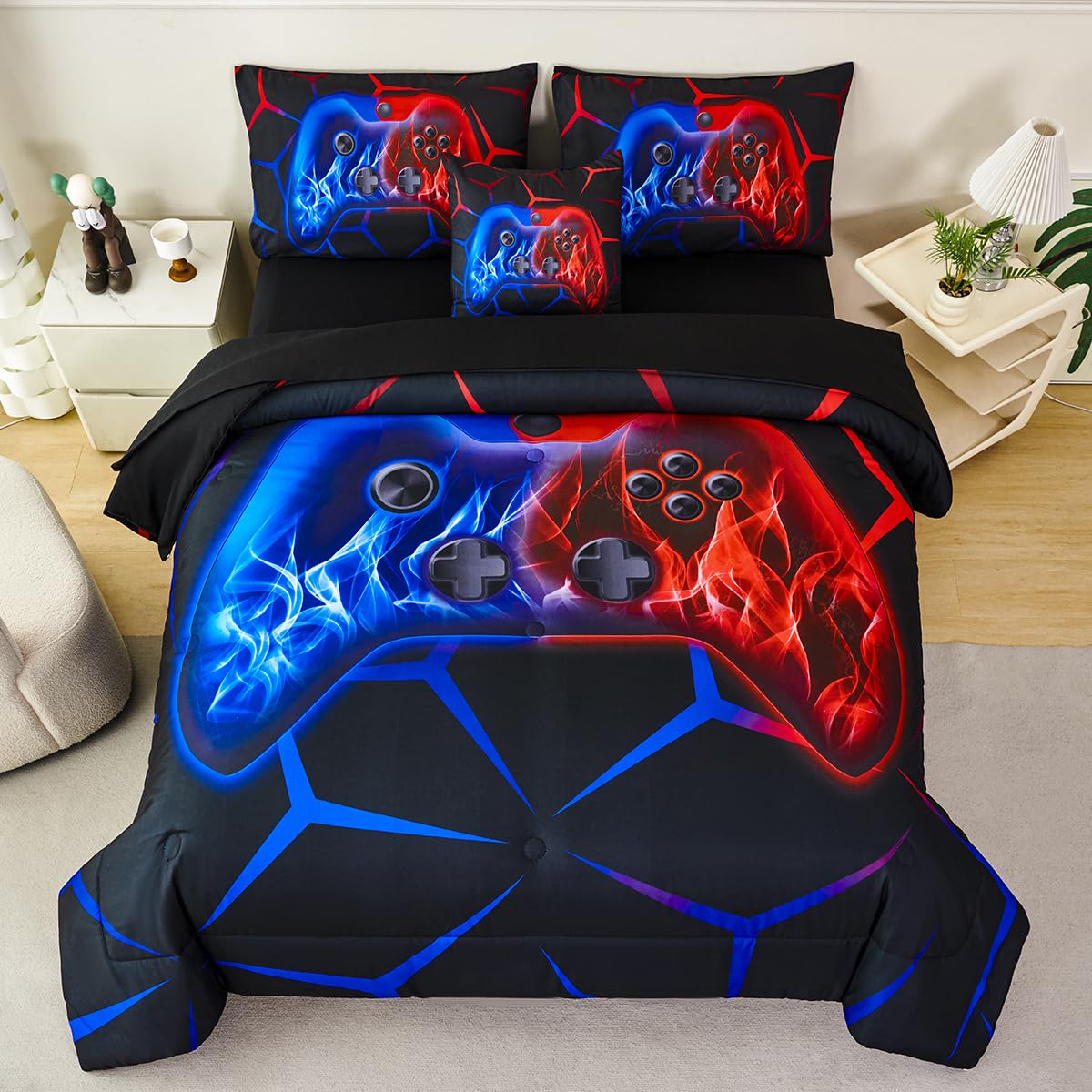 ZSYAYAHA Boys Twin Comforter Set Gaming Bedding Set for Kids Teens Soft Microfiber 6 Pieces Gamer Bed in A Bag Set Red and Blue Geometric Gamepad Bedding Set for All Season(Red Blue, Twin)