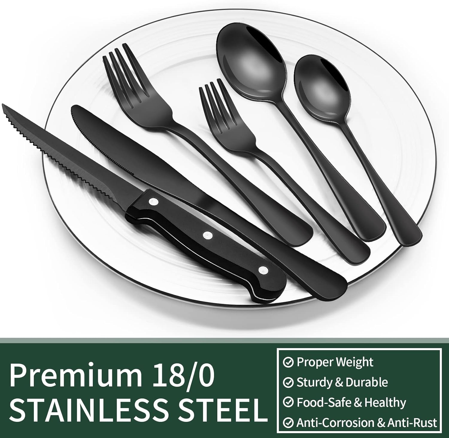 Elegant 24-Piece Black Stainless Steel Flatware Set with Steak Knives for 4