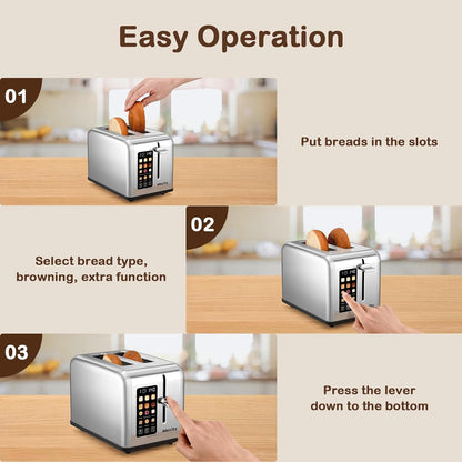 Mecity Smart Stainless Steel 2-Slice Toaster, Touch Screen, Wide Slots