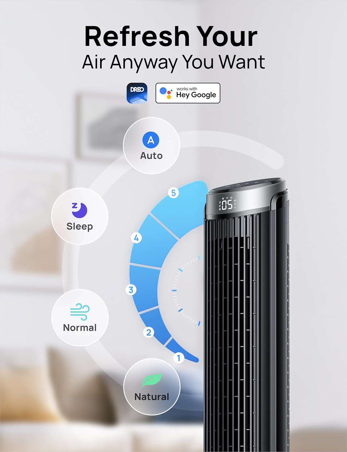 Dreo 40" Smart Tower Fan, 90° Oscillating, High-Speed Quiet Room Floor Fan