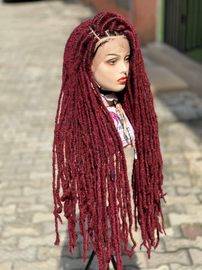 36-inch Long Wine Distressed Faux Locs Lace Front Braided Wig