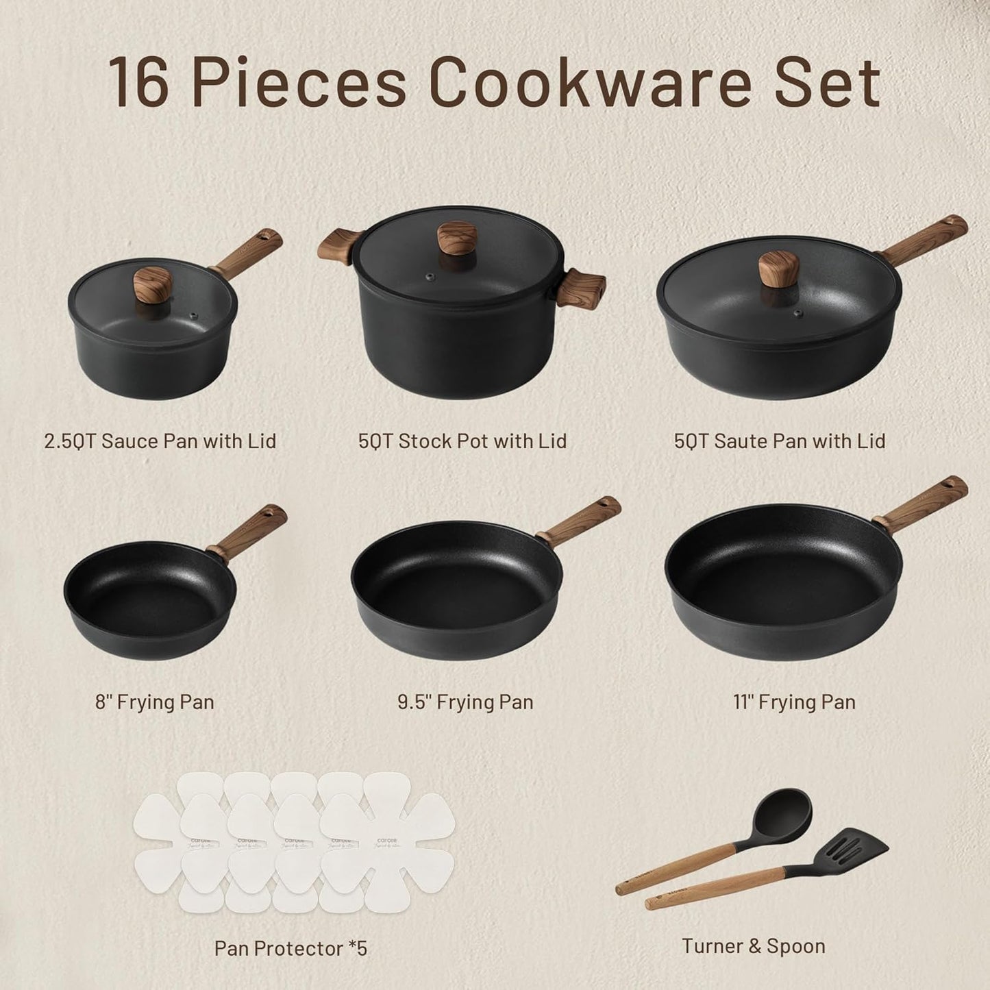 CAROTE 16-Piece Nonstick Induction Cookware Set: Durable, PFOA/PFOS-Free, Easy Clean Kitchen