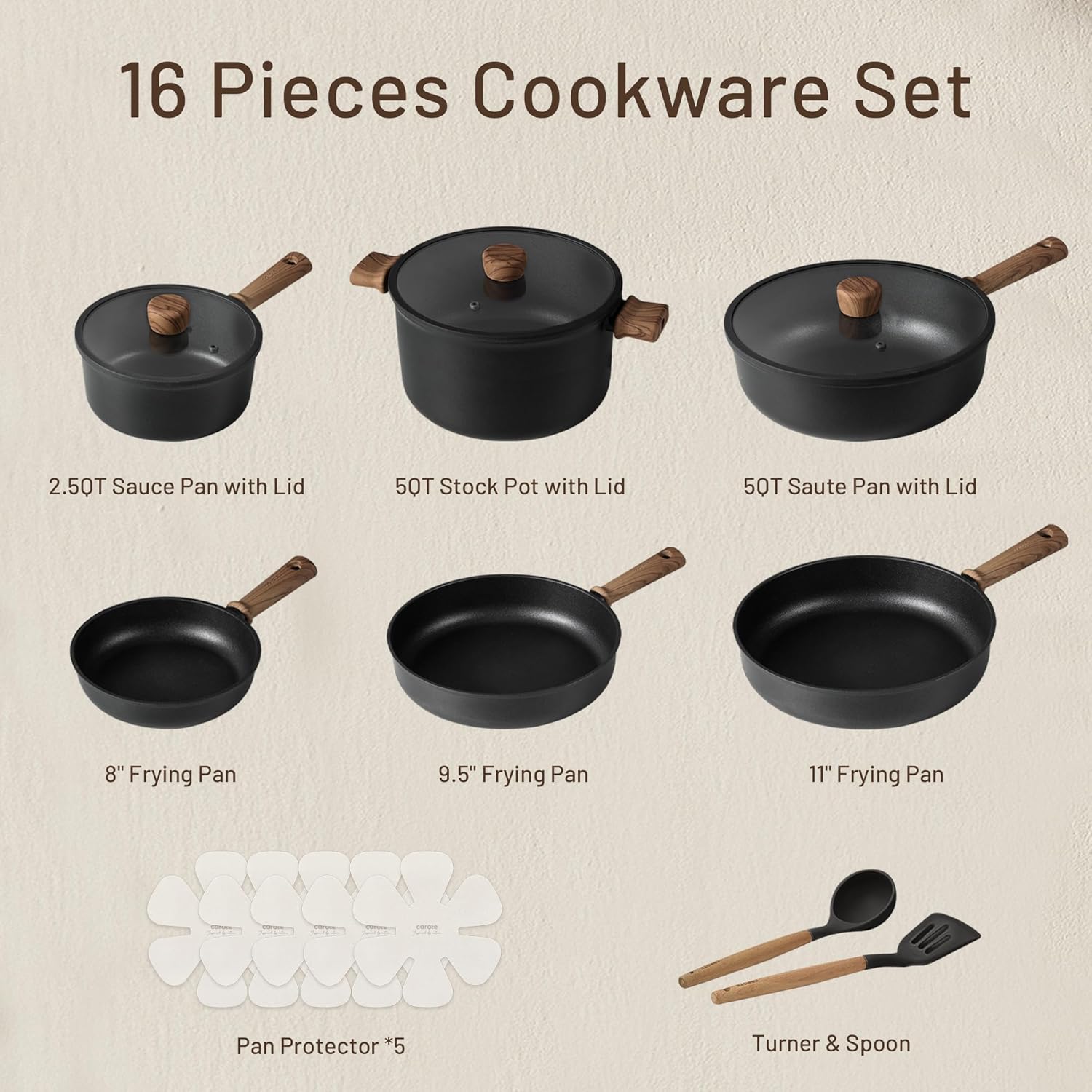 CAROTE 16-Piece Nonstick Induction Cookware Set: Durable, PFOA/PFOS-Free, Easy Clean Kitchen