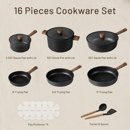 CAROTE 16-Piece Nonstick Induction Cookware Set: Durable, PFOA/PFOS-Free, Easy Clean Kitchen