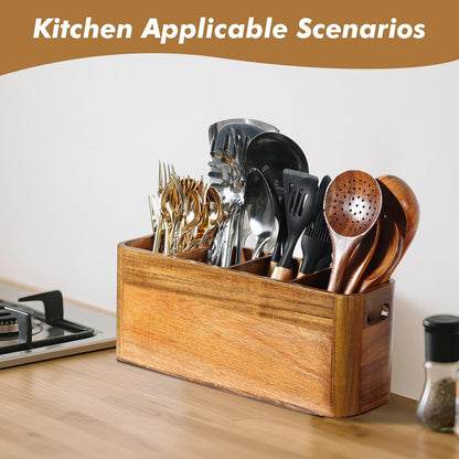 Premium Acacia Wood Utensil Holder Countertop Organizer with 4 Adjustable Compartments