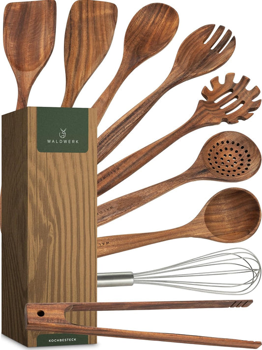 WALDWERK Premium 9-Piece Teak Wooden Cooking Utensil Set with Holder