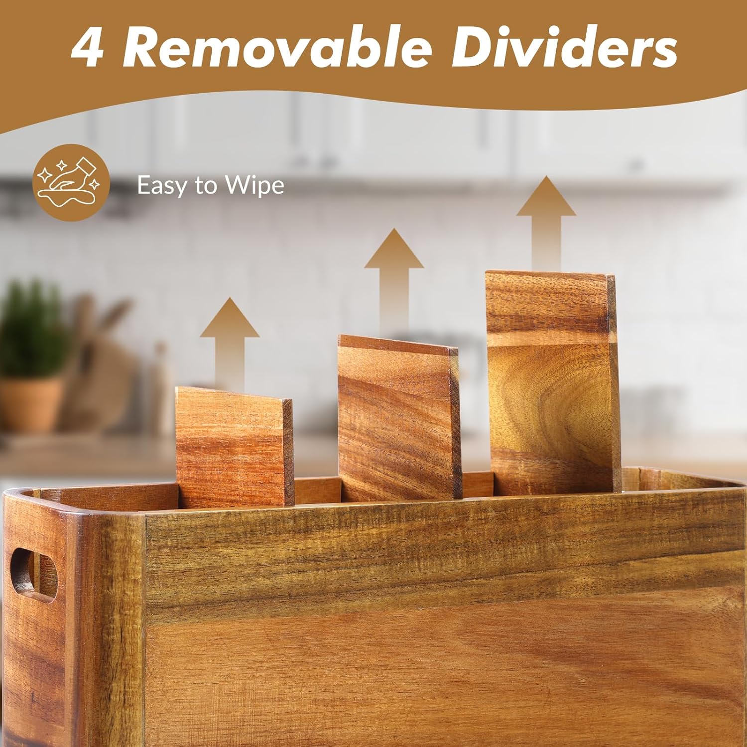 Premium Acacia Wood Utensil Holder Countertop Organizer with 4 Adjustable Compartments