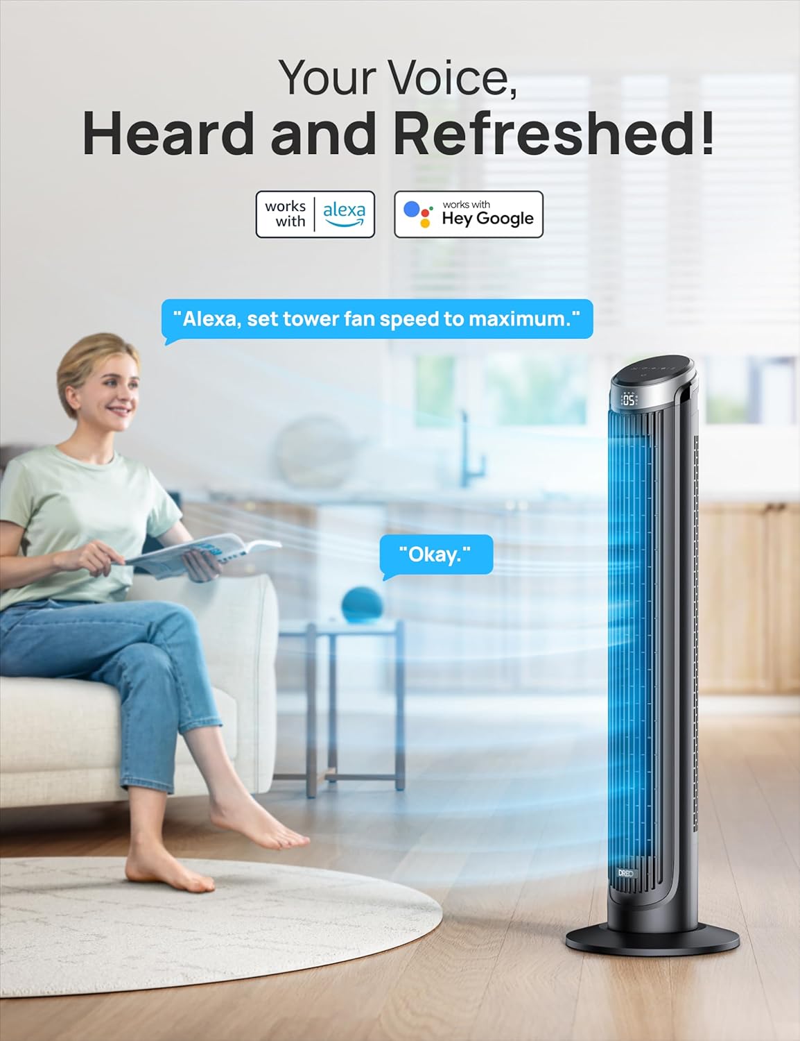 Dreo 40" Smart Tower Fan, 90° Oscillating, High-Speed Quiet Room Floor Fan