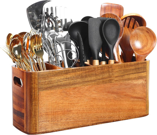 Premium Acacia Wood Utensil Holder Countertop Organizer with 4 Adjustable Compartments