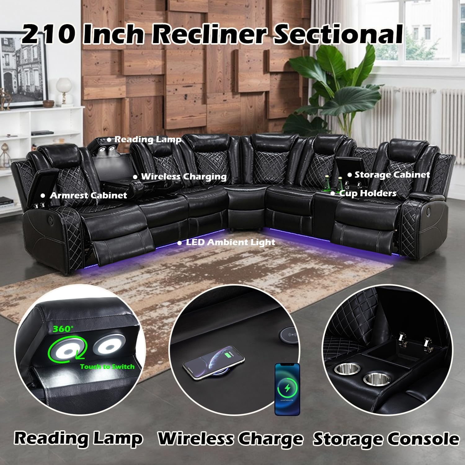 Luxurious Black Leather Sectional Sofa with Power Recline, LED Lights, Storage Ottoman
