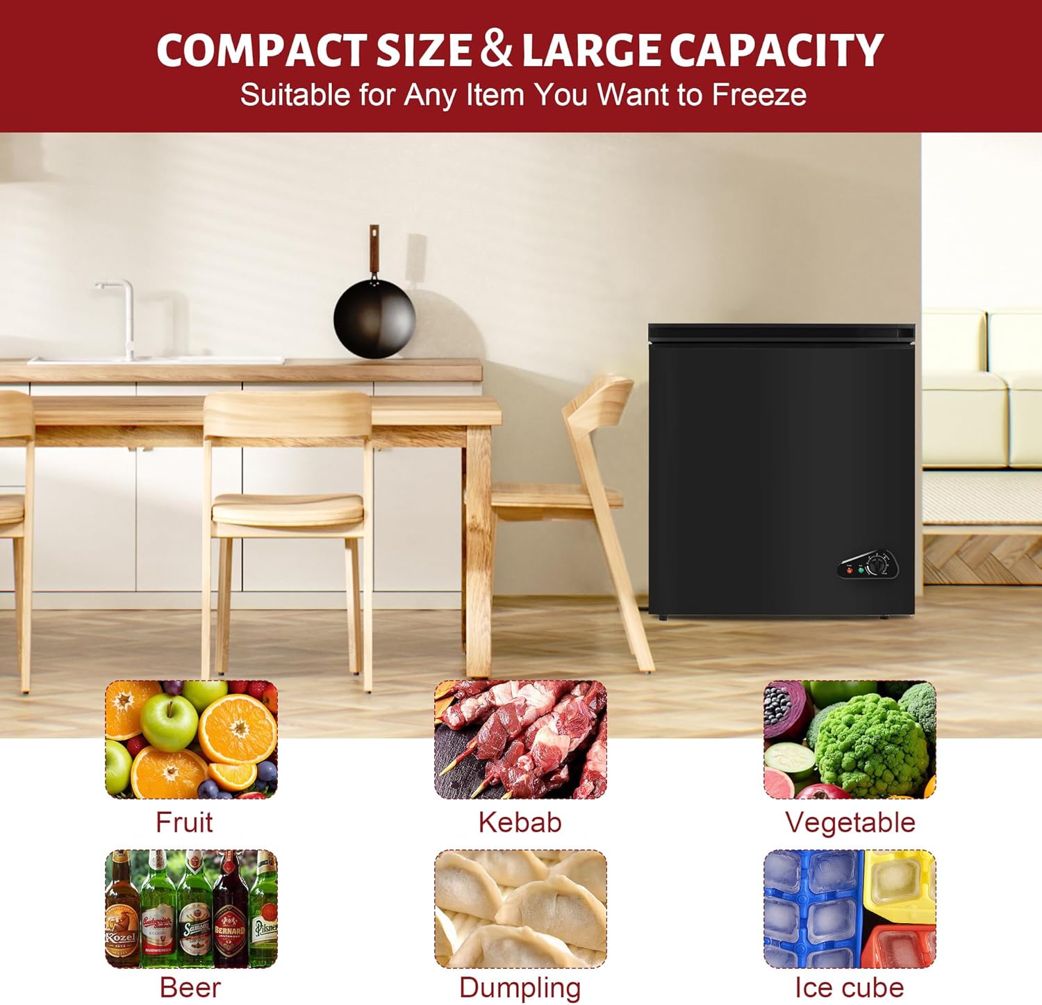 Rosmena Black 5.0 Cu. Ft. Compact Chest Freezer, Removable Basket, Quiet Operation