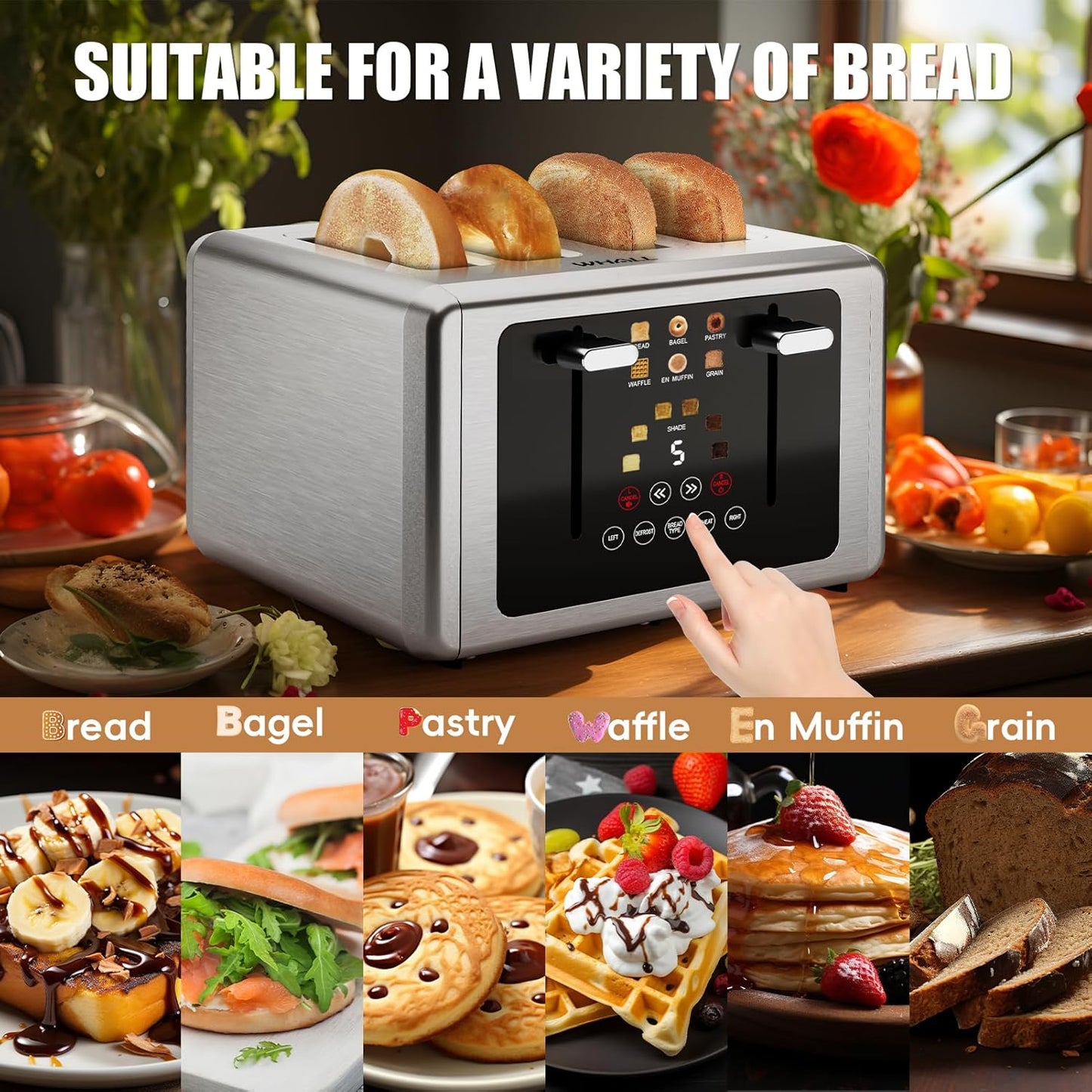 Whall 4-Slice Smart Touchscreen Toaster, Stainless Steel Digital Timer, Dual Control