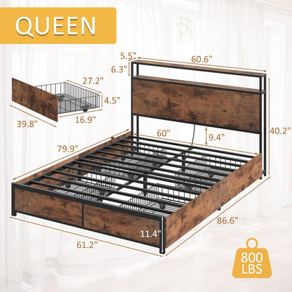 Queen Metal Bed Frame with Storage Headboard, LED Lights, Charging, Four Drawers