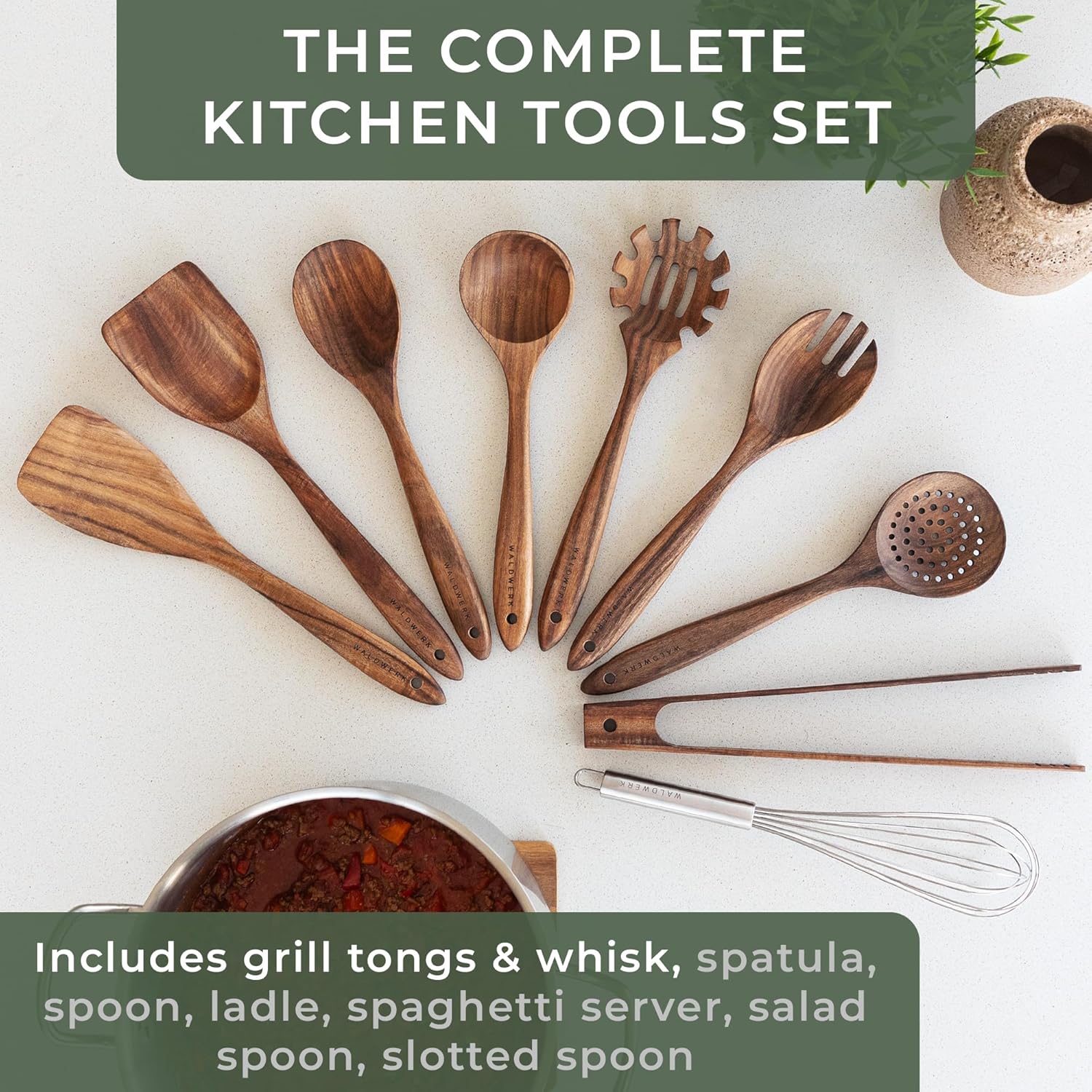 WALDWERK Premium 9-Piece Teak Wooden Cooking Utensil Set with Holder