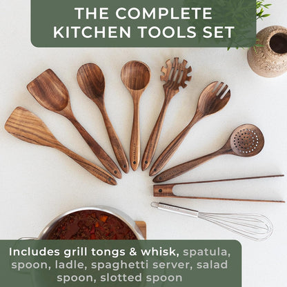 WALDWERK Premium 9-Piece Teak Wooden Cooking Utensil Set with Holder