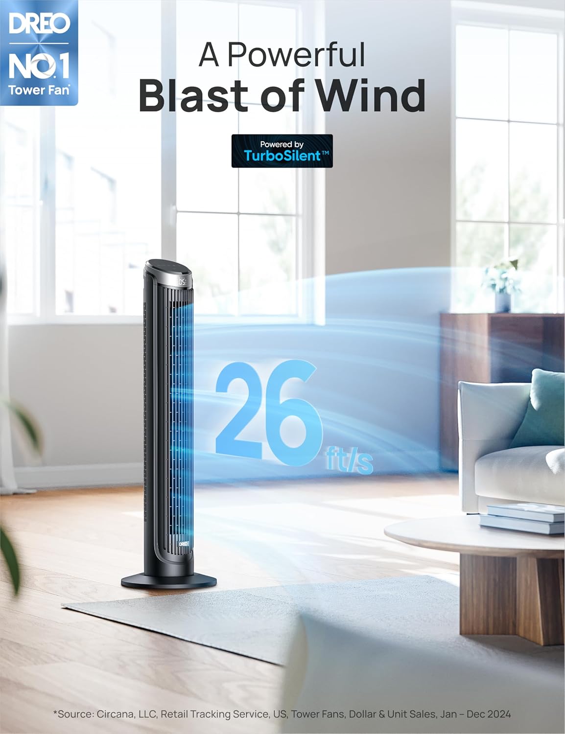 Dreo 40" Smart Tower Fan, 90° Oscillating, High-Speed Quiet Room Floor Fan