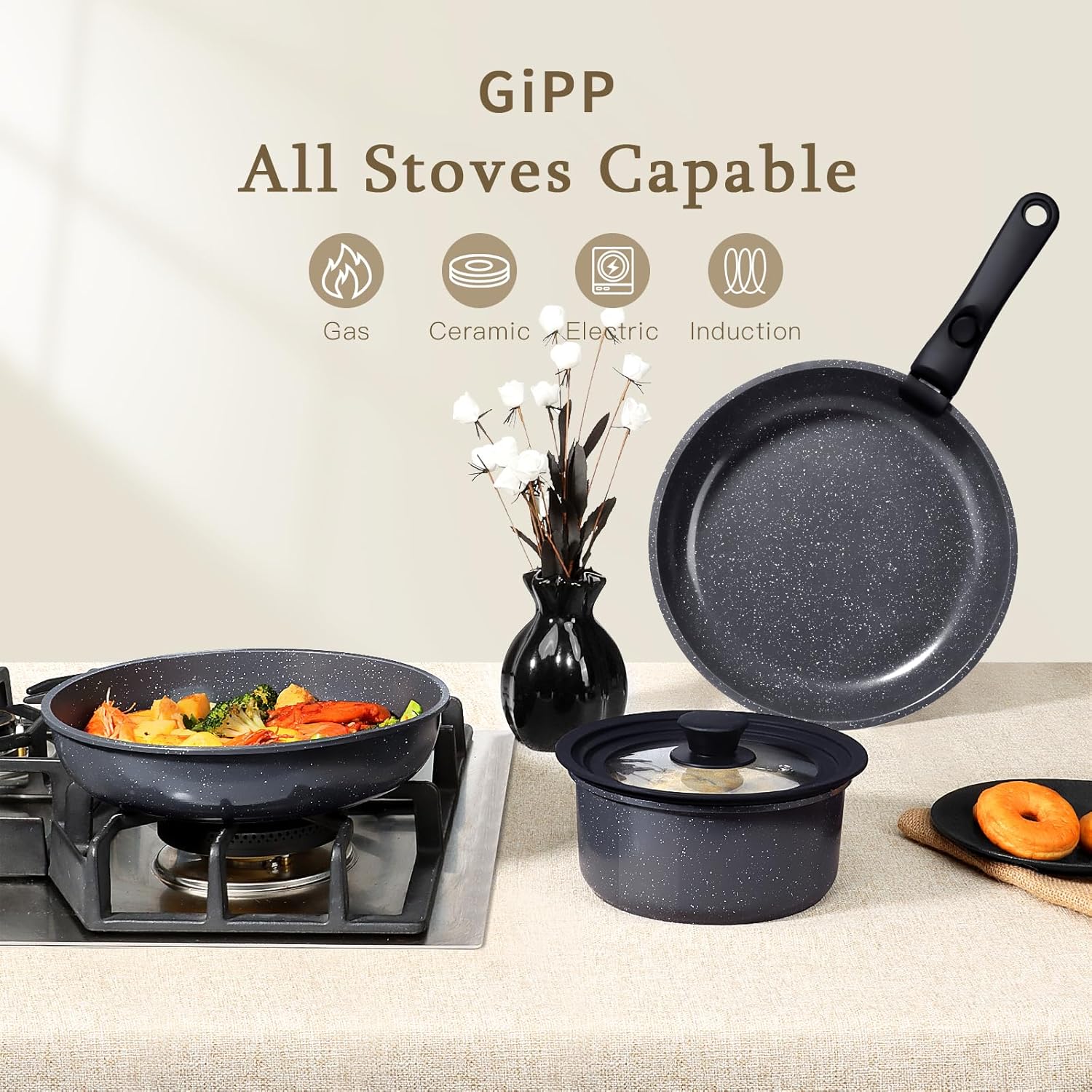 GiPP Healthy 15-Piece Ceramic Non-Stick Cookware Set with Detachable Handles