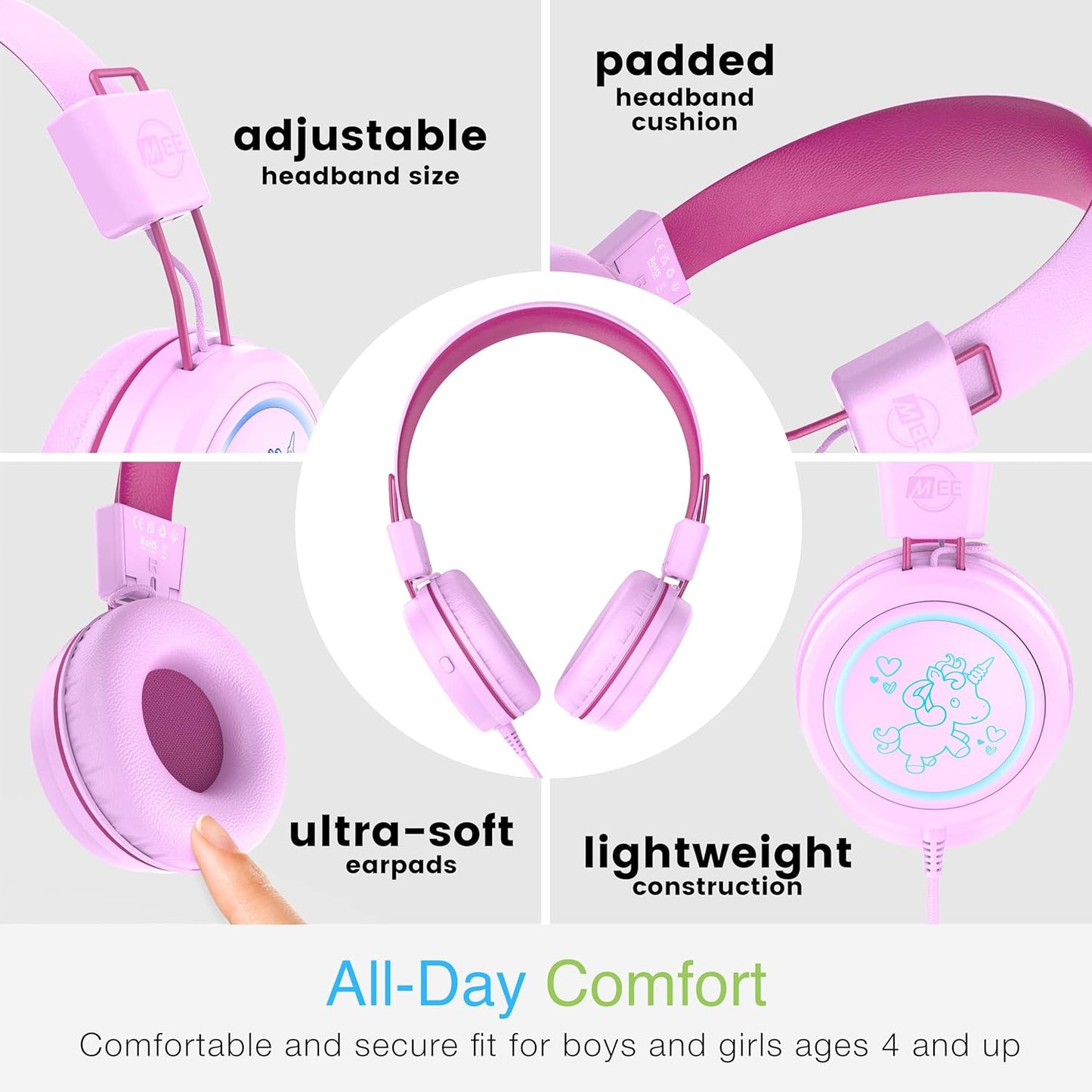 MEE audio KidJamz KJ55 USB-C Kids Headphones: Safe Volume, LED Lights, Microphone