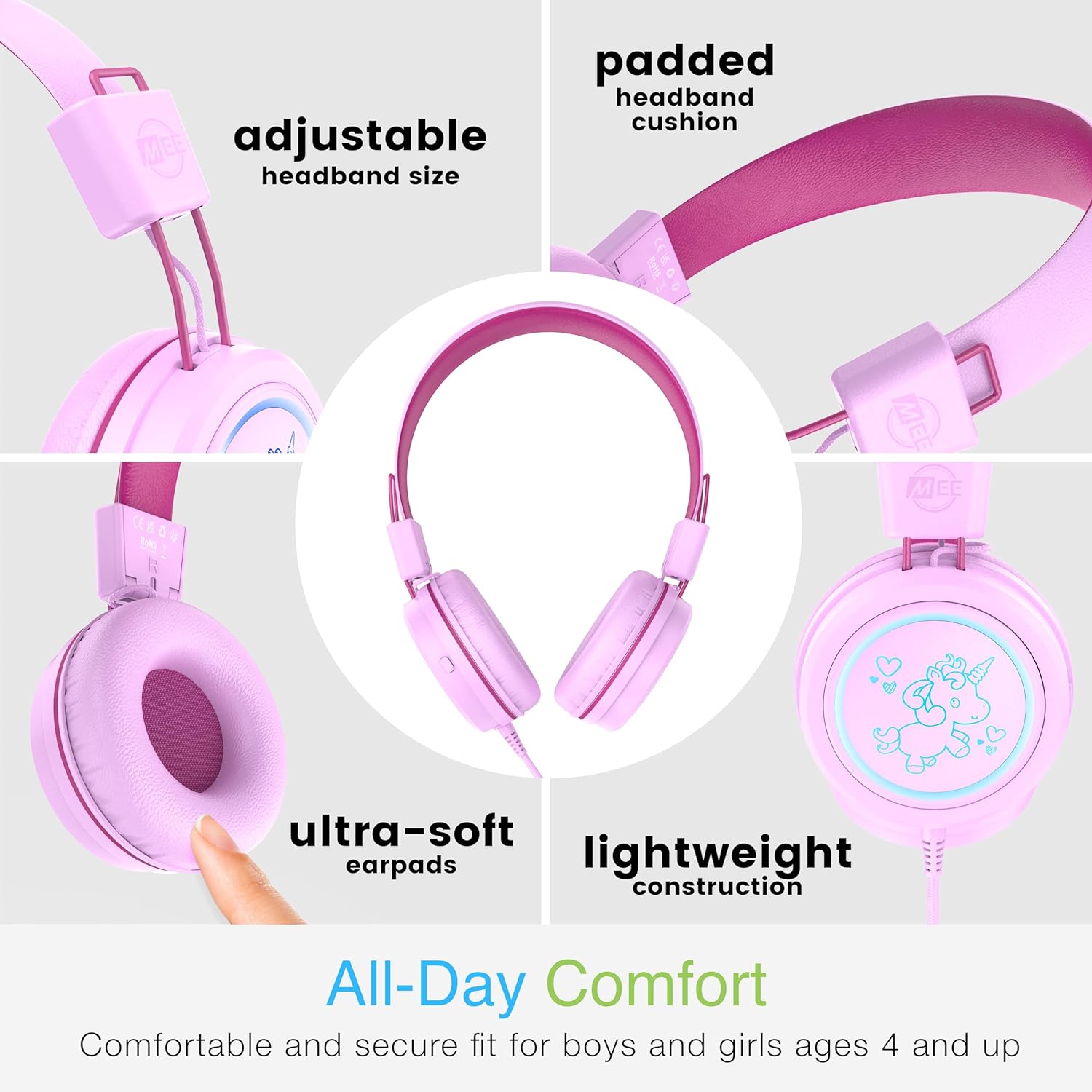 MEE audio KidJamz KJ55 USB-C Kids Headphones: Safe Volume, LED Lights, Microphone