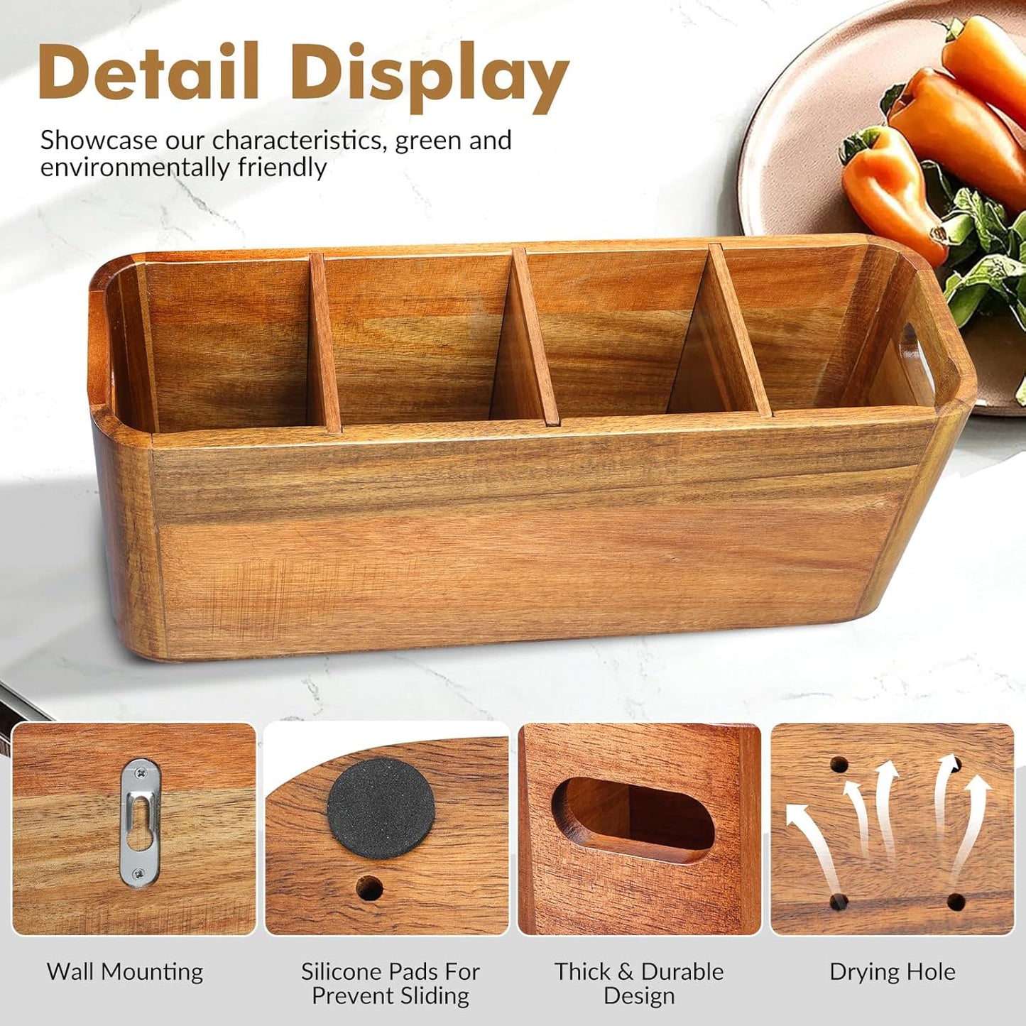 Premium Acacia Wood Utensil Holder Countertop Organizer with 4 Adjustable Compartments