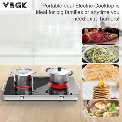 VBGK Dual Electric Cooktop with Knob Control, Child Lock, Timer, 110V