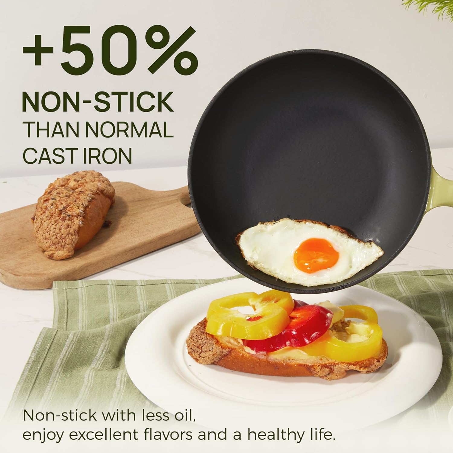 KOKHUB Non-Toxic Titanium Enameled 3-Piece Cast Iron Skillet Set, Sage Green
