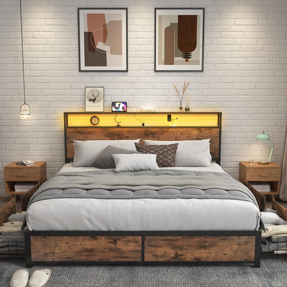Queen Metal Bed Frame with Storage Headboard, LED Lights, Charging, Four Drawers