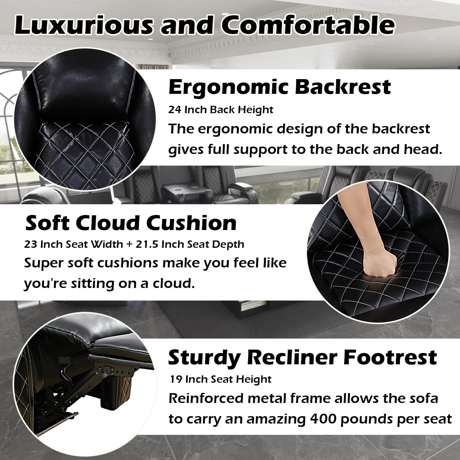 Luxurious Black Leather Sectional Sofa with Power Recline, LED Lights, Storage Ottoman
