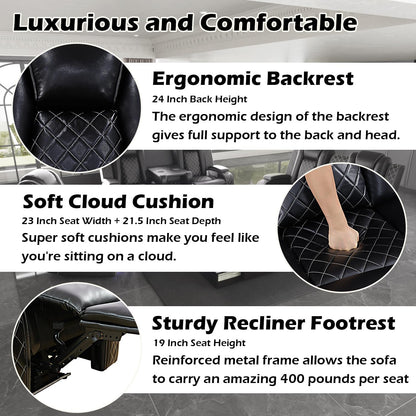 Luxurious Black Leather Sectional Sofa with Power Recline, LED Lights, Storage Ottoman