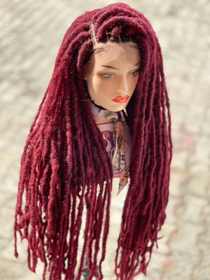 36-inch Long Wine Distressed Faux Locs Lace Front Braided Wig