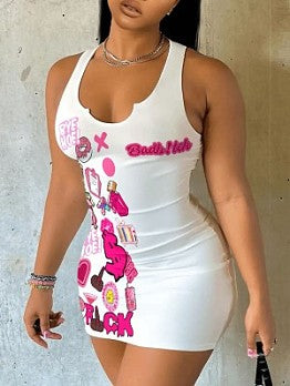 Chic Letter Print Sleeveless Bodycon Dress – Summer Casual Stretch Mini