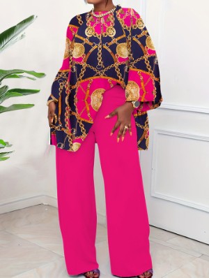 Chic Print Lantern Sleeve Loose Pant Set - Comfortable Two-Piece Outfit