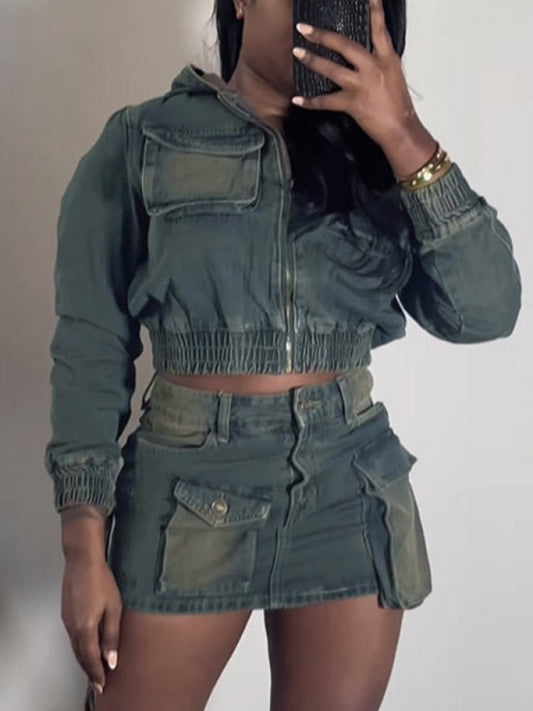 Women's Multi-Pocket Denim Hooded Cargo Skirt Set for Casual Streetwear