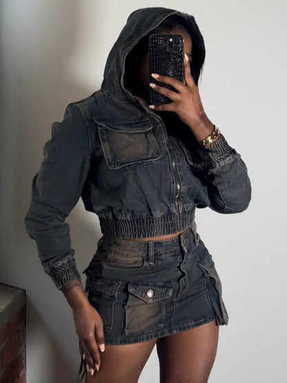 Women's Multi-Pocket Denim Hooded Cargo Skirt Set for Casual Streetwear