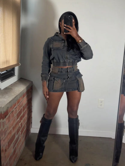 Women's Multi-Pocket Denim Hooded Cargo Skirt Set for Casual Streetwear