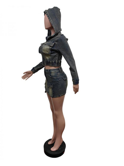 Women's Multi-Pocket Denim Hooded Cargo Skirt Set for Casual Streetwear
