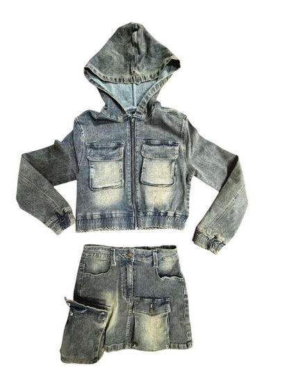 Women's Multi-Pocket Denim Hooded Cargo Skirt Set for Casual Streetwear