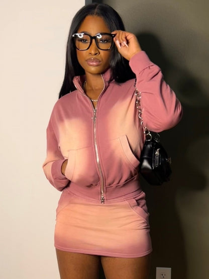 Trendy Mineral Washed Pink Zipper Cropped Skirt Set for Stylish Women