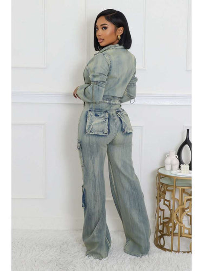 Fashionable Washed Denim Jacket & Cargo Pant Set, Distressed Two-Piece Outfit