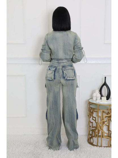 Fashionable Washed Denim Jacket & Cargo Pant Set, Distressed Two-Piece Outfit