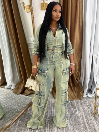 Fashionable Washed Denim Jacket & Cargo Pant Set, Distressed Two-Piece Outfit