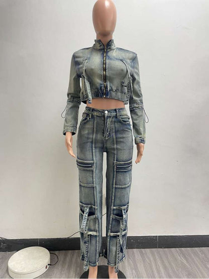 Fashionable Washed Denim Jacket & Cargo Pant Set, Distressed Two-Piece Outfit
